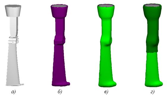 СКМ ЛП «ПолигонСофт» 2020.0. Создание оболочек формы и теплоизоляции для моделирования ЛВМ: <br> а) отливка; б) керамическая форма; в) теплоизоляция, 1 слой; г) теплоизоляция, 2 слой